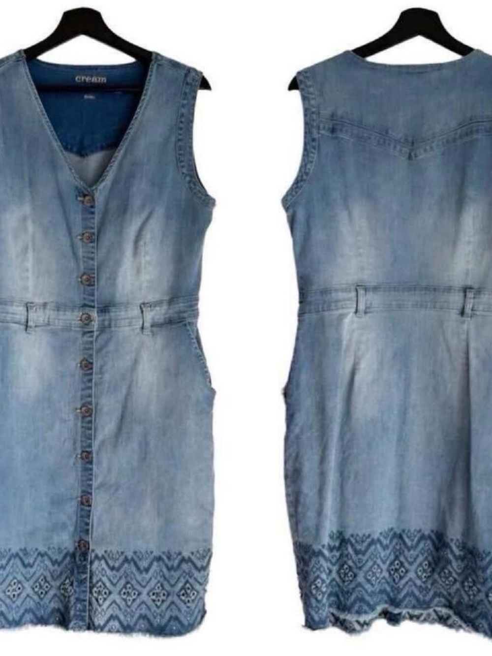 Vintage Denim Blue Embroidered Button-Front Dress sleeveless vest top y2k 90s